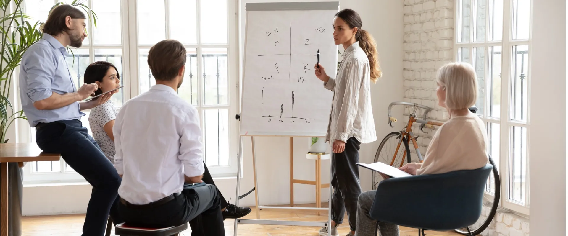 Group of colleagues discussing top on white board