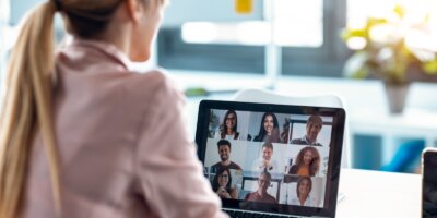 female employee speaking on video call