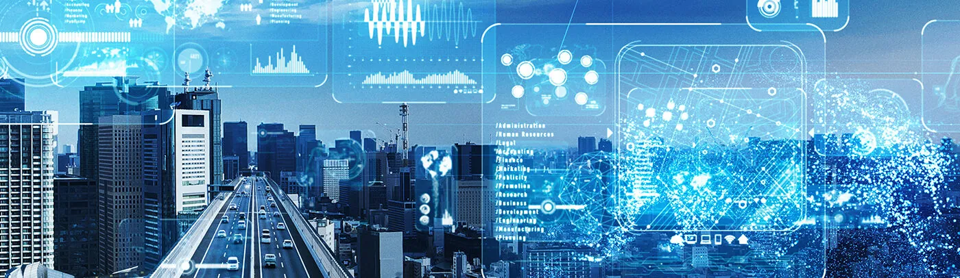 Header image of data floating above a city skyline with a highway running through it.