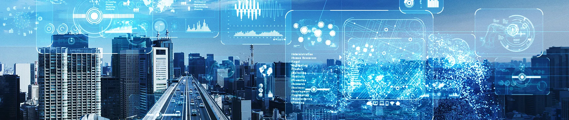 Header image of data floating above a city skyline with a highway running through it.