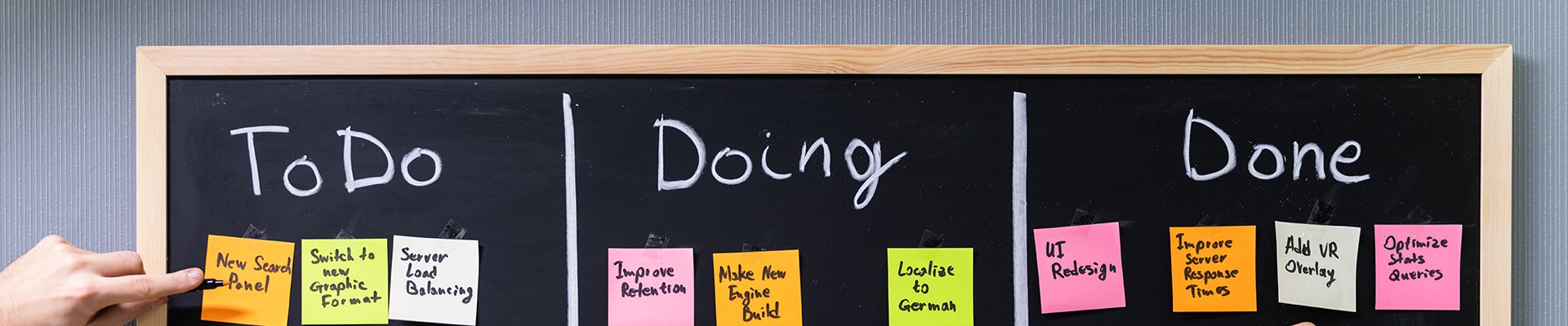 Header image of a blackboard divided into typical sprint sessions with sticky notes: To Do, Doing, Done