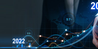 Header image of a digitalized business and technology trend graph starting in 2022 and ending at 2023