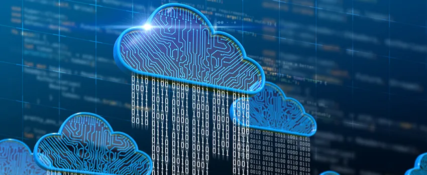 Digital representations of blue cloud icons rain binary 0s and 1s.