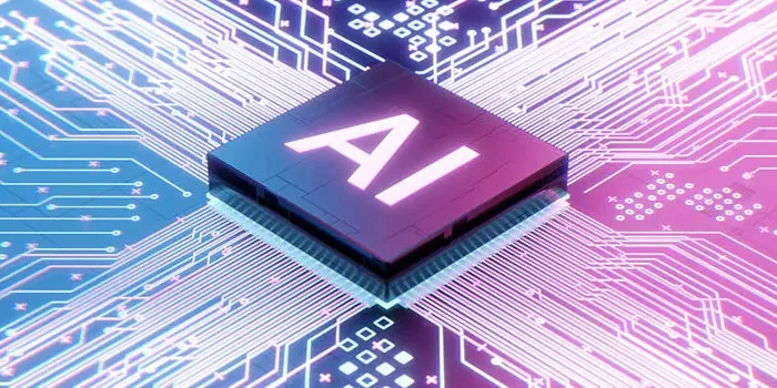 A circuit board in tones of blue and pink is powered by a chip that reads "AI"