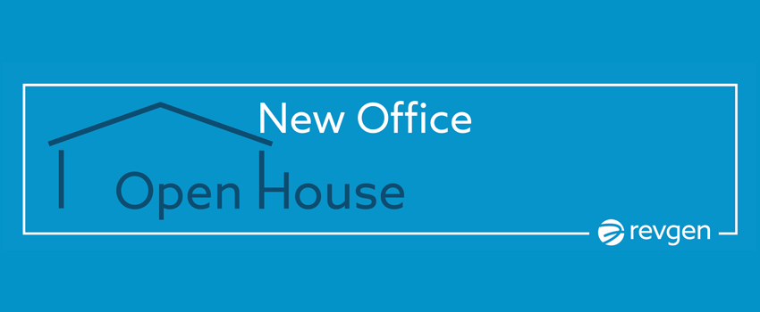 A logo reading New Office Open House on a bright blue background.