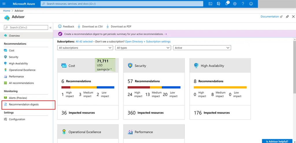 Azure Recommendation Digest offers best practices based on your Azure usage.