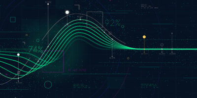 Several green lines intersect on a dark background, weaving into a single bright green line, representing the various sources of data on a data fabric.