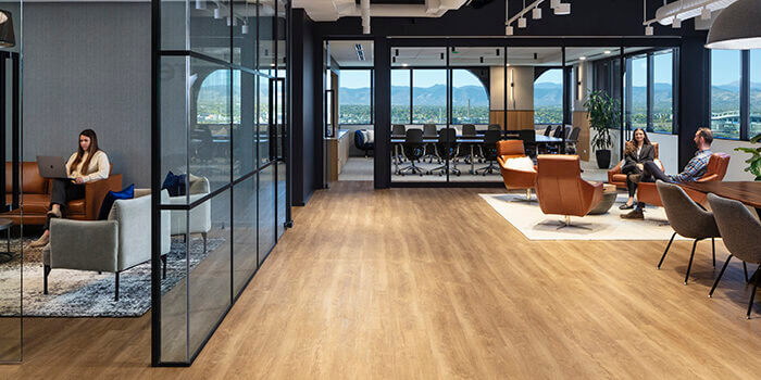 A shot of the lobby of the RevGen office, highlighting the panoramic mountain views