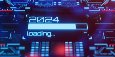 The Text "2024 Loading" and a progress bar is superimposed on a blue and red circuit board