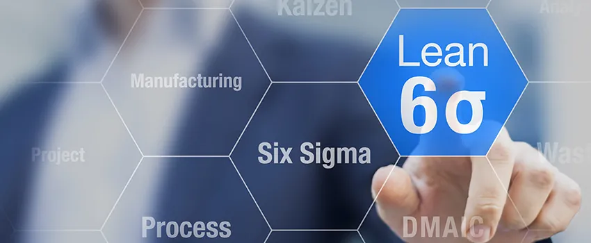 A man selects an icon representing Lean and Six Sigma from a panel of icons.
