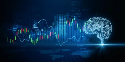 An AI Brain is connected to a series of stock trading graphs