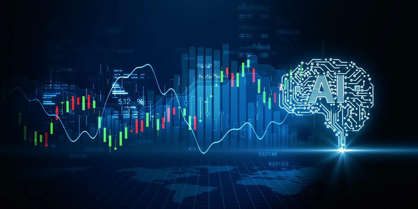 An AI Brain is connected to a series of stock trading graphs