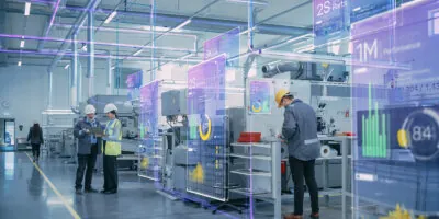 Two industrial engineers use tablets to analyze the manufacturing analytics which are displayed as holograms over various factory assembly lines