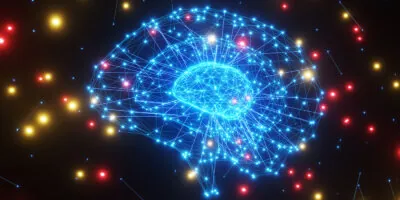 Network of blue mesh lines forming brains of different sizes in dark background with red and yellow glowing particles.